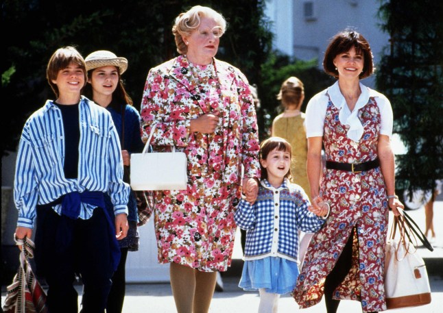 Robin Williams as Mrs. Doubtfire on set, bringing laughter to co-stars