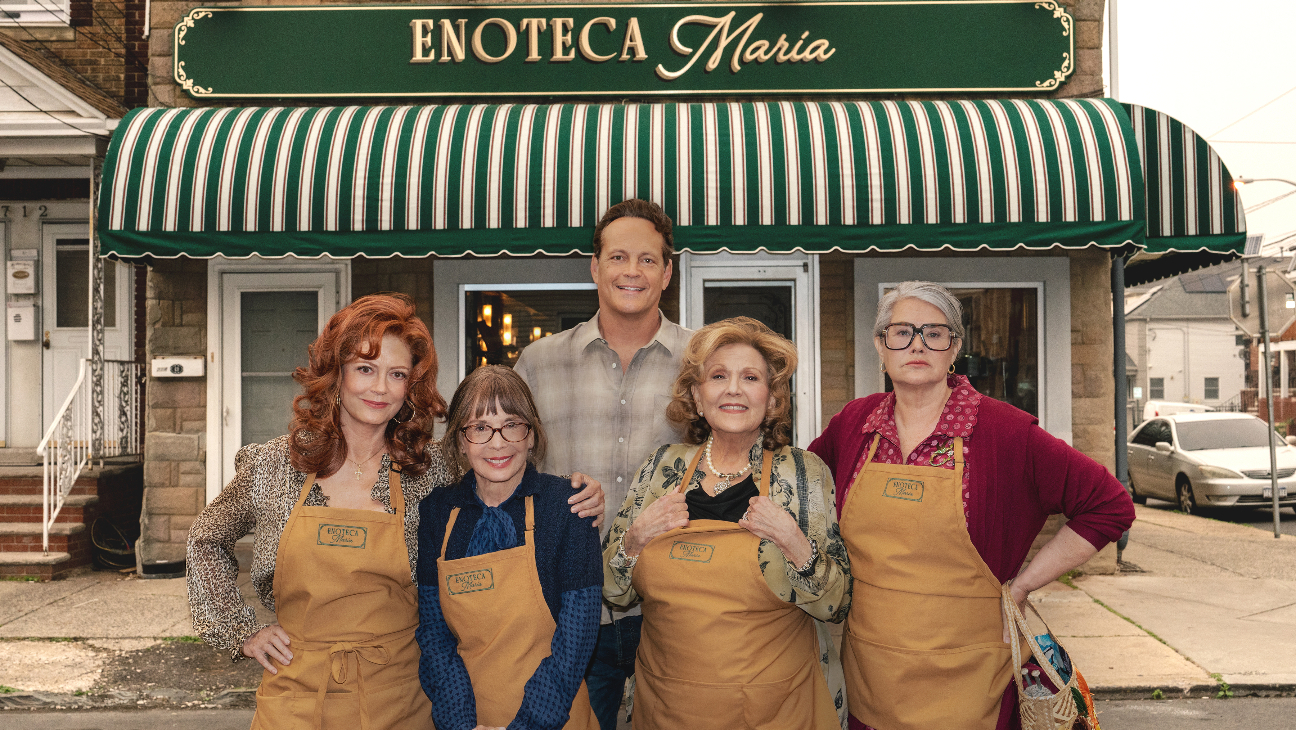 Scene from Nonnas movie showing Italian grandmothers in the kitchen