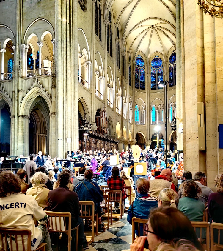 Intérieur rénové de Notre Dame de Paris, baigné de lumière naturelle