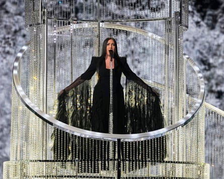Yuval Raphael performing on stage during Eurovision 2025.